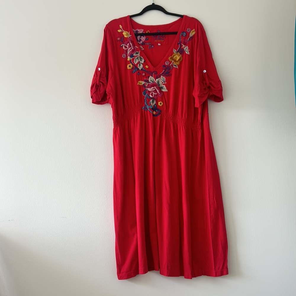 JOHNNY WAS RED EMBROIDERED COTTON MIDI DRESS